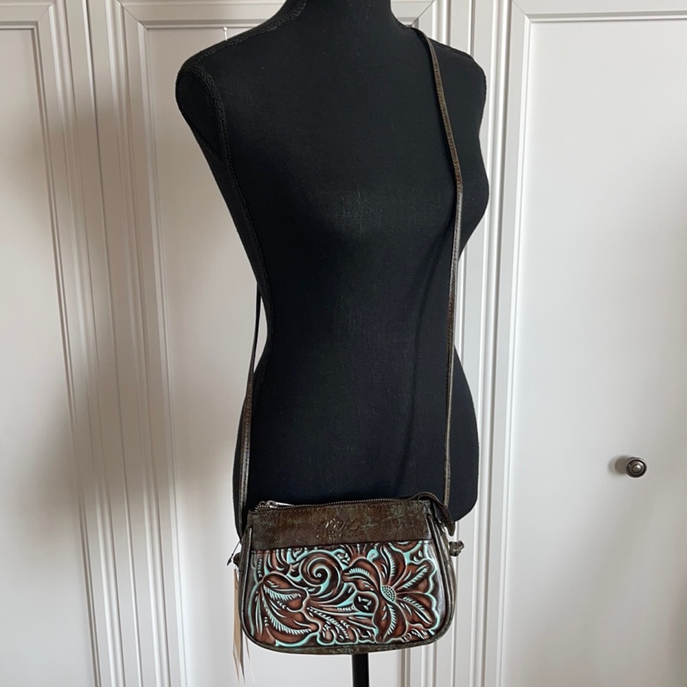 Patricia Nash Leather Bacoli Tooled Turquoise Crossbody